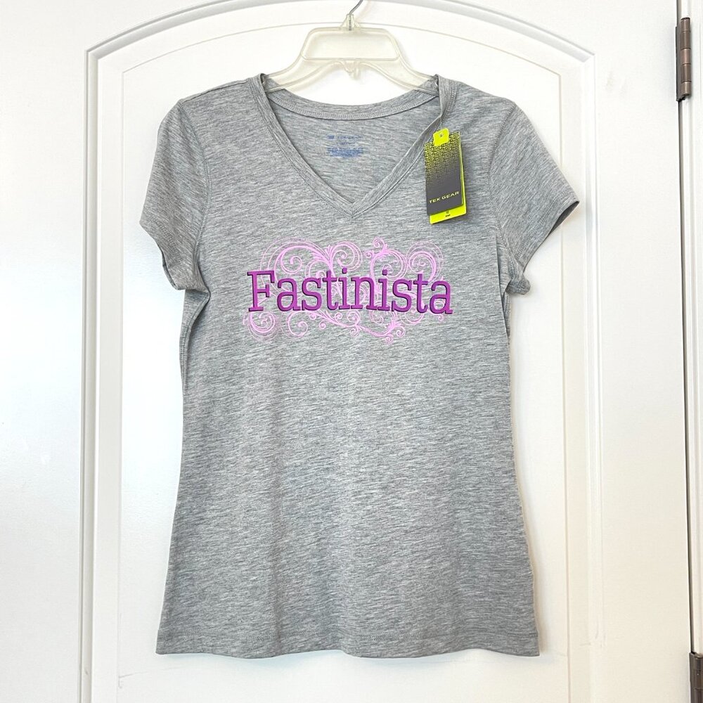 New Tek Gear Fastinista Shirt Top V Neck Gray Purple Wicking NWT Medium
